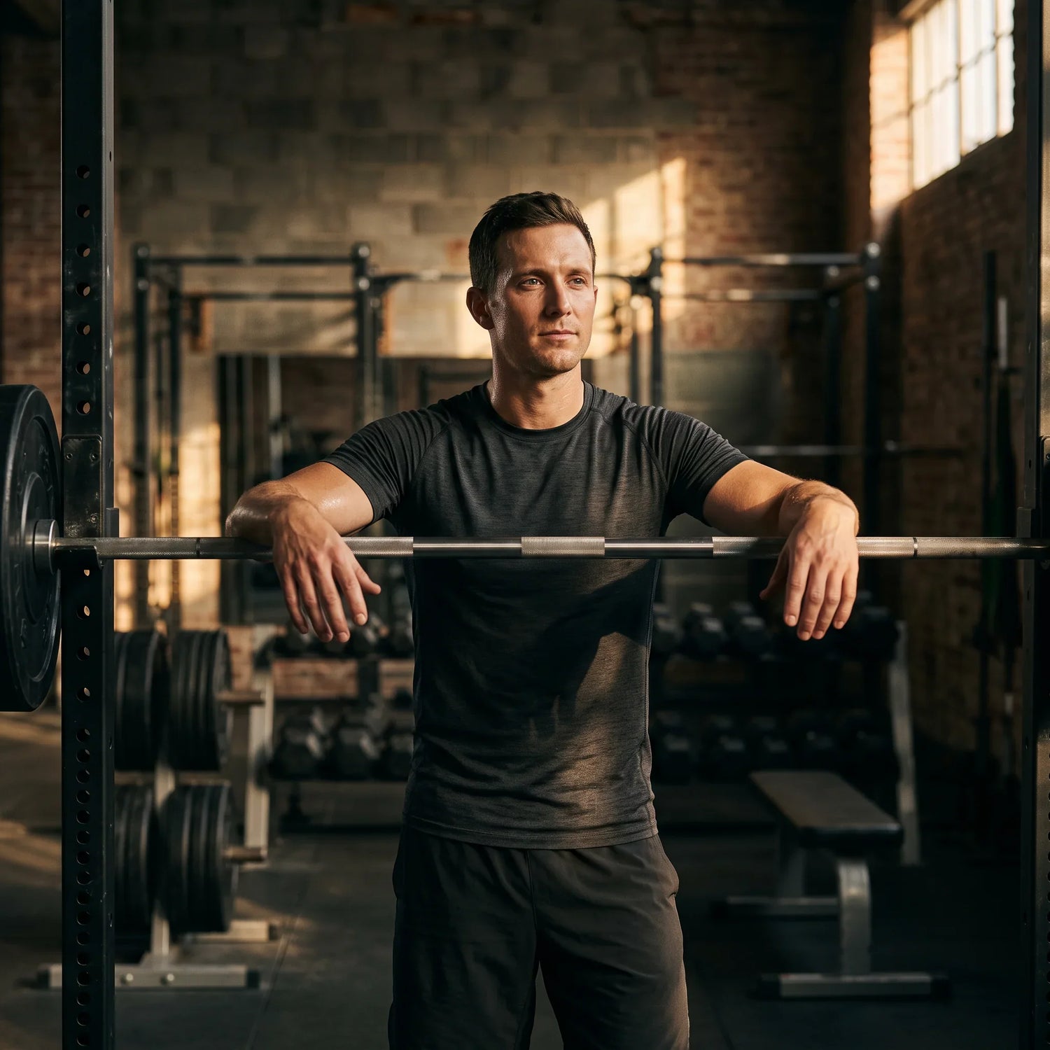 Lifter standing at a barbell rack between sets with his head up, illustrating muscle recovery and HMB supplementation