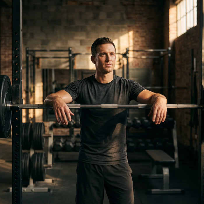 Lifter standing at a barbell rack between sets with his head up, illustrating muscle recovery and HMB supplementation