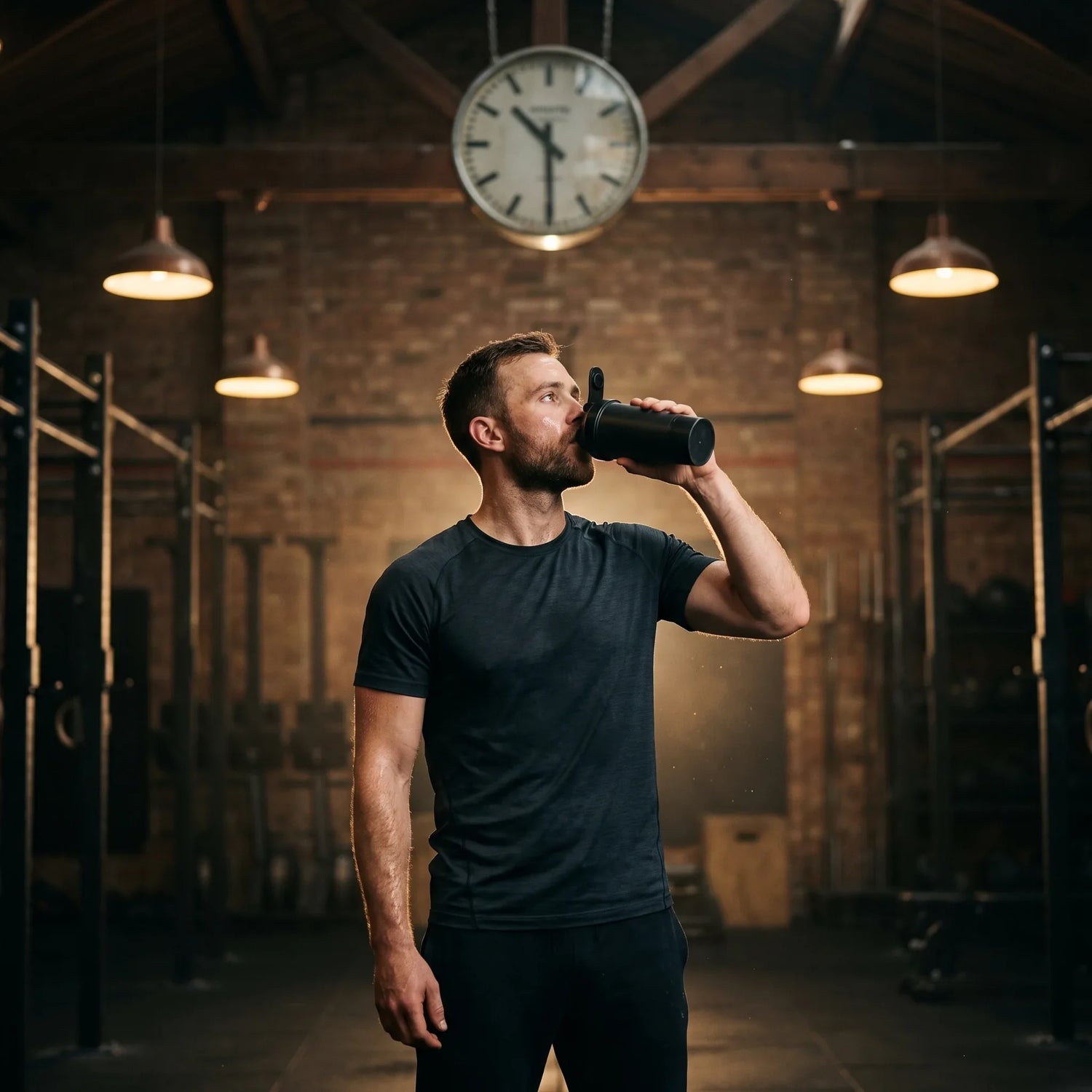 Athlete drinking pre-workout from a shaker under a gym wall clock, timing the kick-in before training