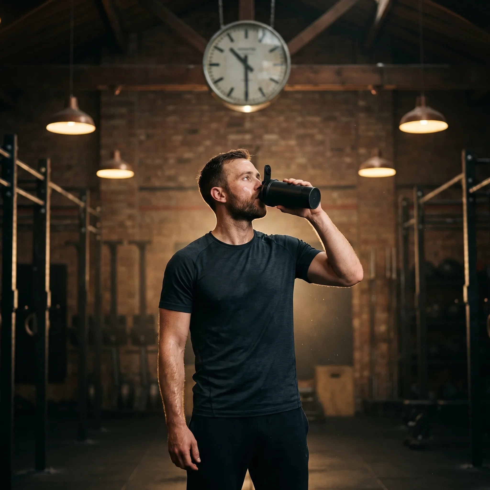 Athlete drinking pre-workout from a shaker under a gym wall clock, timing the kick-in before training
