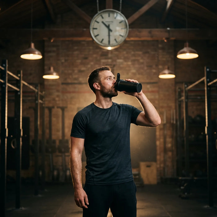 Athlete drinking pre-workout from a shaker under a gym wall clock, timing the kick-in before training