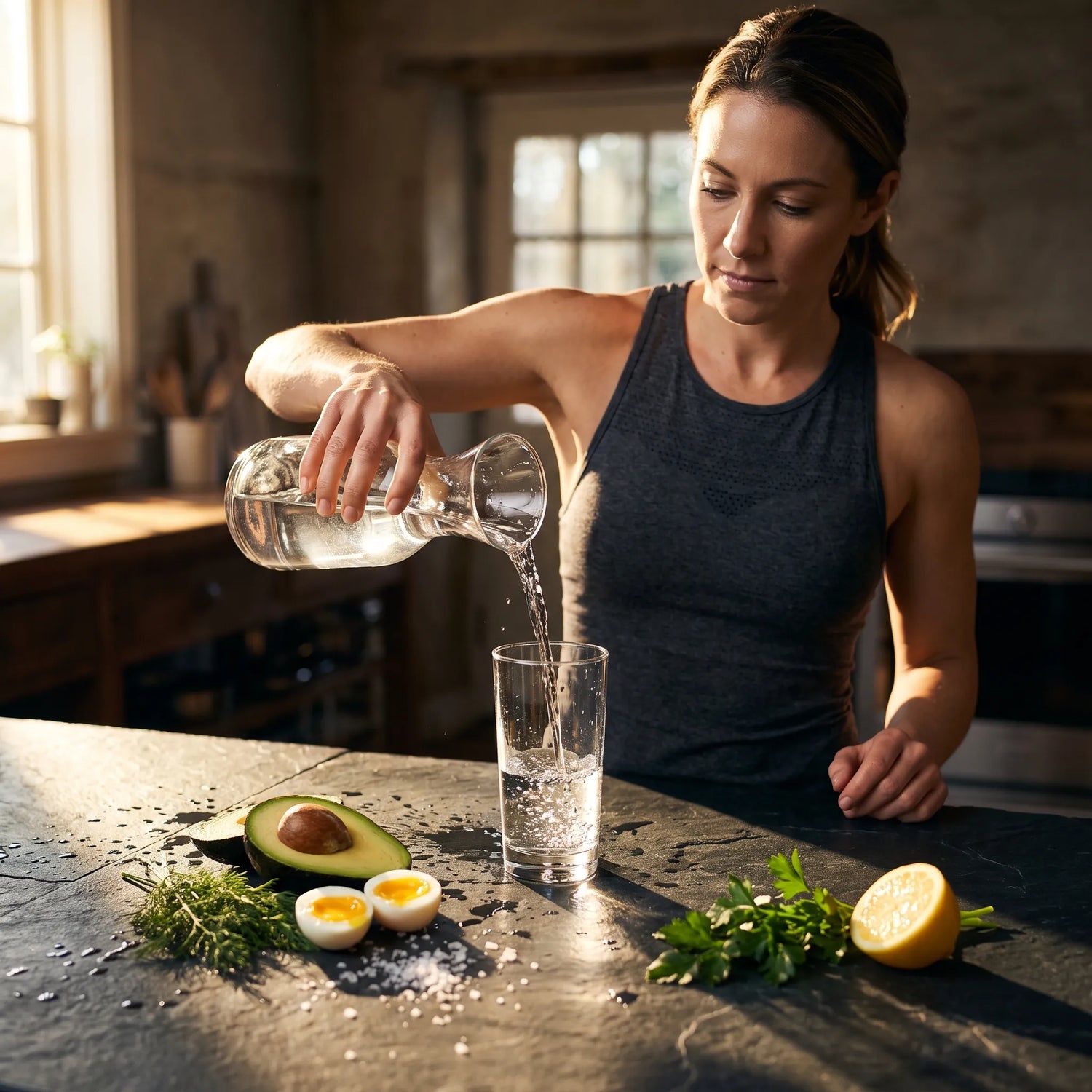 Athletic woman pouring water into a glass in a sunlit kitchen with avocado, eggs, and sea salt for keto electrolytes