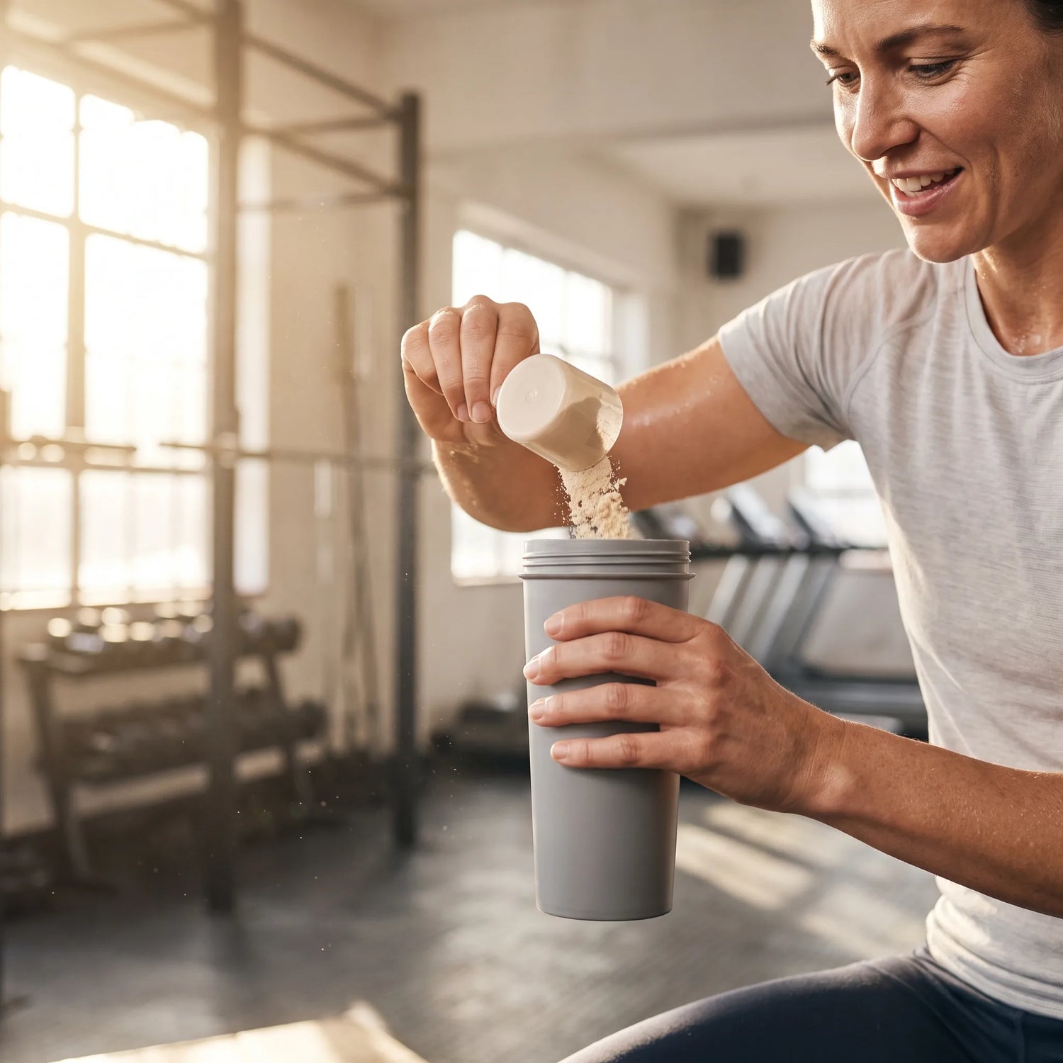 Woman in a gym pouring a scoop of whey protein powder, a dietary source of L-glutamine, into a shaker