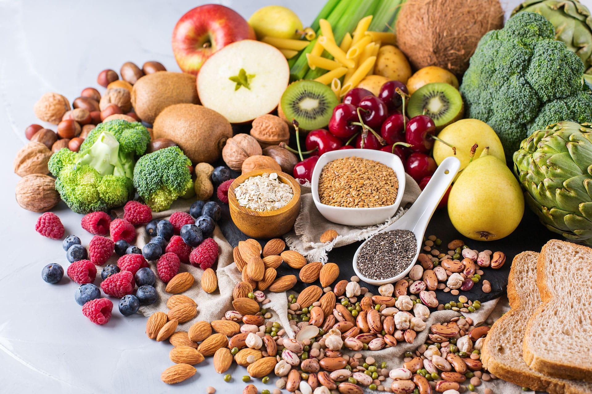 Closeup of large variety of vegan food options