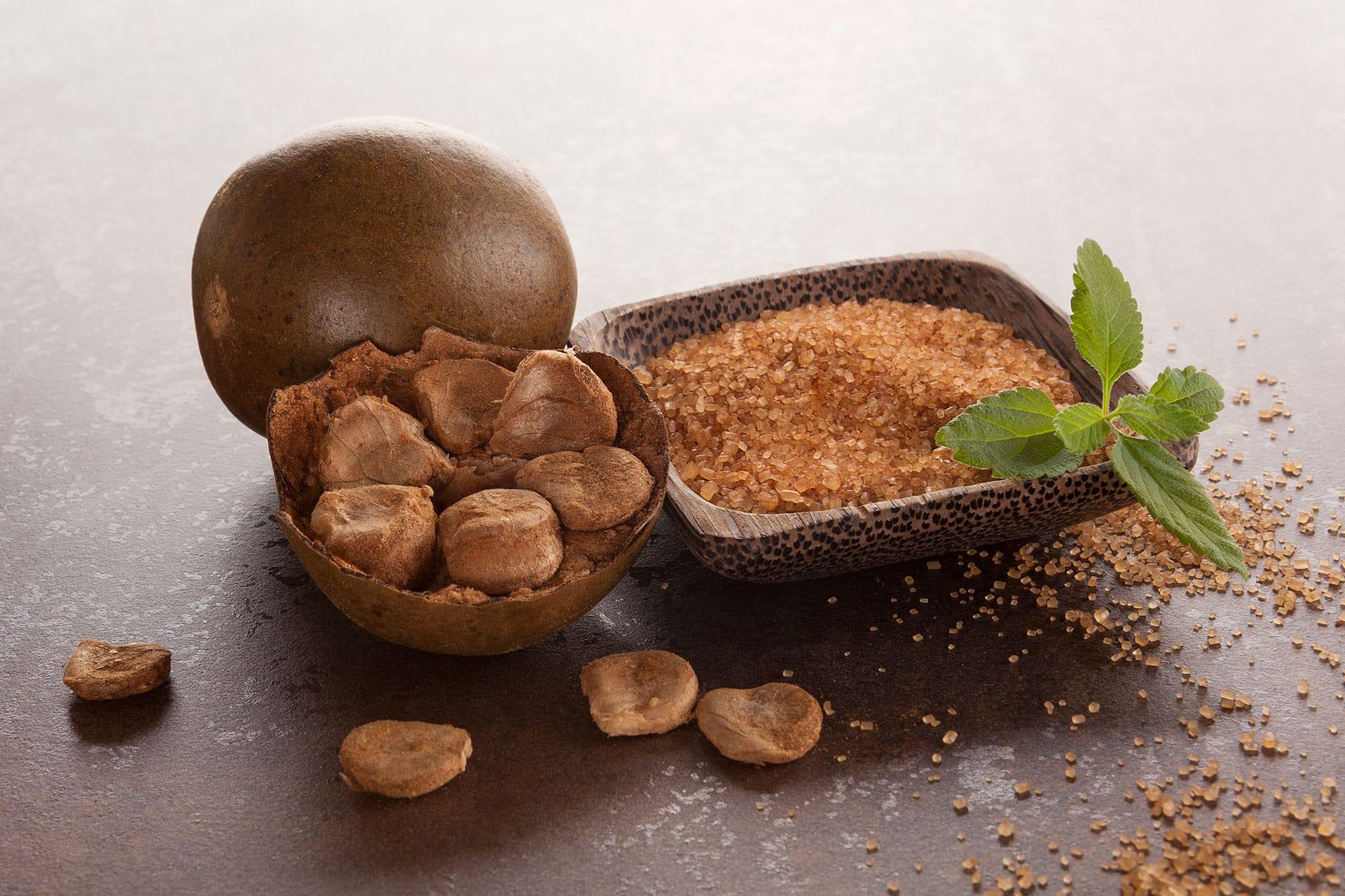 Bowl of monk fruit and sweetener used in supplements