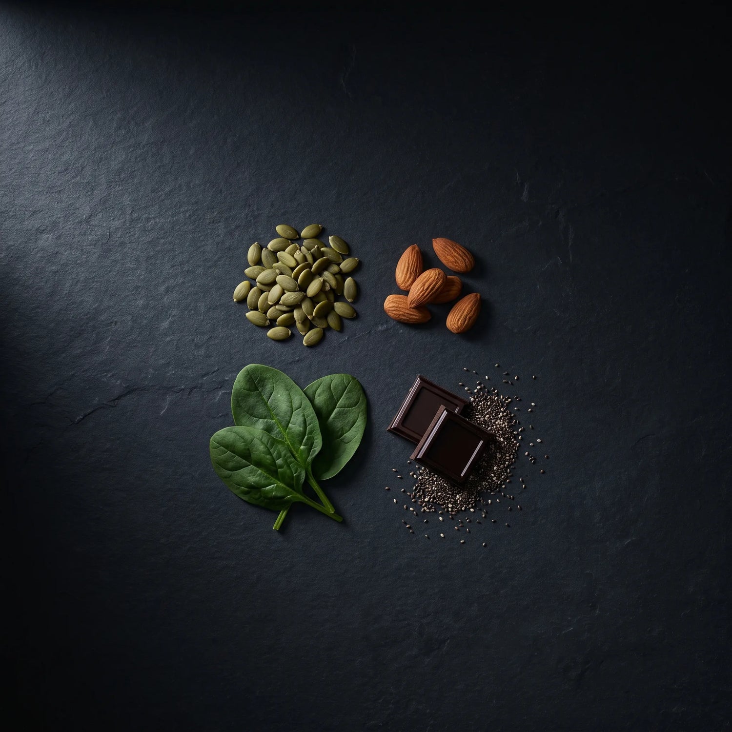 Magnesium-rich foods on dark slate: pumpkin seeds, almonds, spinach leaves, dark chocolate and chia seeds