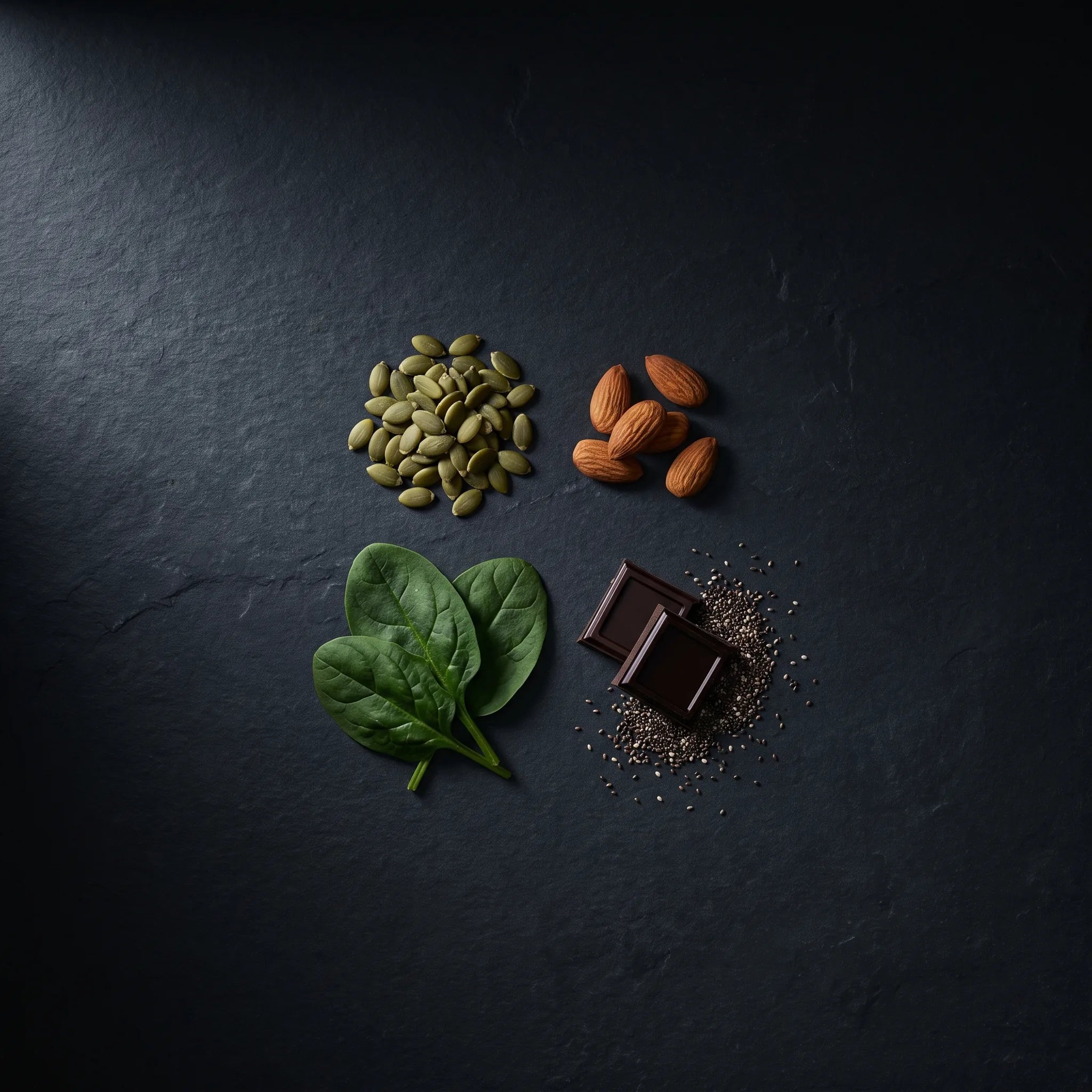 Magnesium-rich foods on dark slate: pumpkin seeds, almonds, spinach leaves, dark chocolate and chia seeds