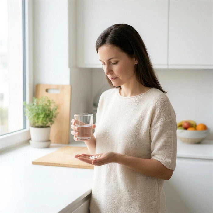 Woman at a bright kitchen counter holding a glass of water and loose capsules, deciding which magnesium form to take