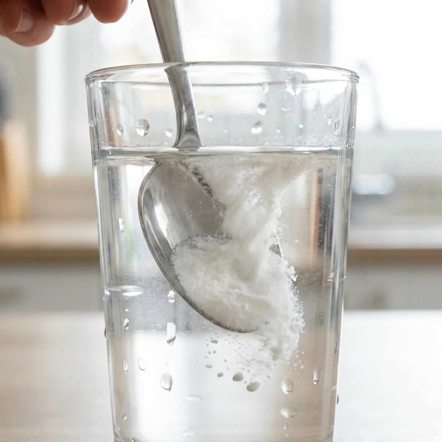 Micronized creatine powder dissolving in a glass of water, stirred with a spoon