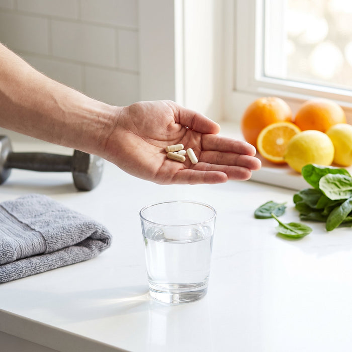 Multivitamin capsules held in a hand over a glass of water on a kitchen counter with a dumbbell and gym towel