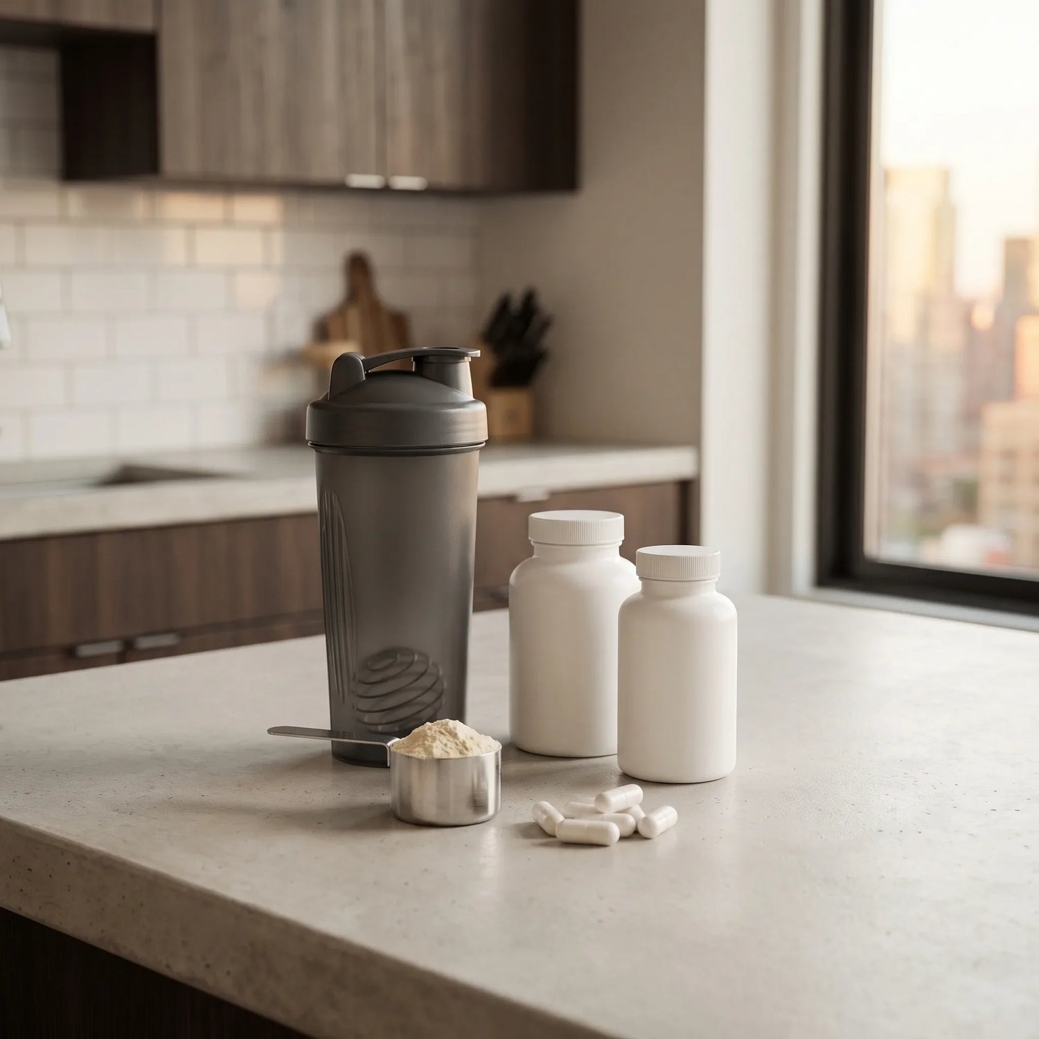 Muscle recovery supplements, a shaker, protein powder, and white capsules on an urban kitchen counter