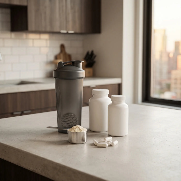 Muscle recovery supplements, a shaker, protein powder, and white capsules on an urban kitchen counter