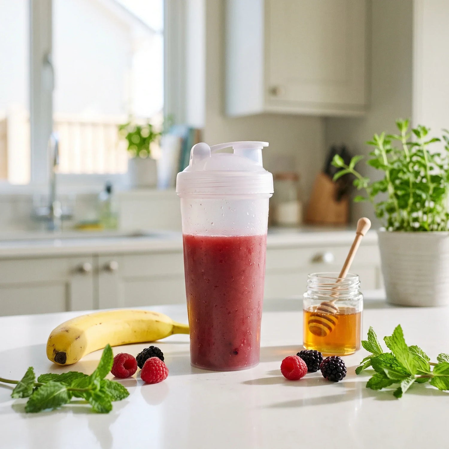 Natural pre-workout shaker with banana, berries, honey and fresh mint on a bright kitchen counter