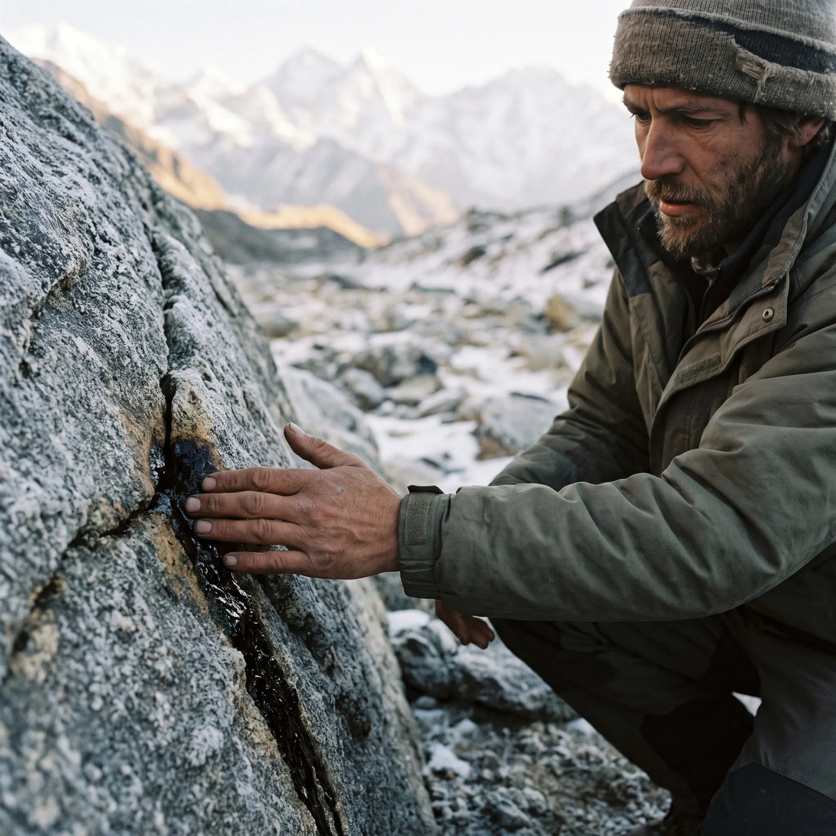 Trekker touching a dark shilajit resin seam on a Himalayan rock face