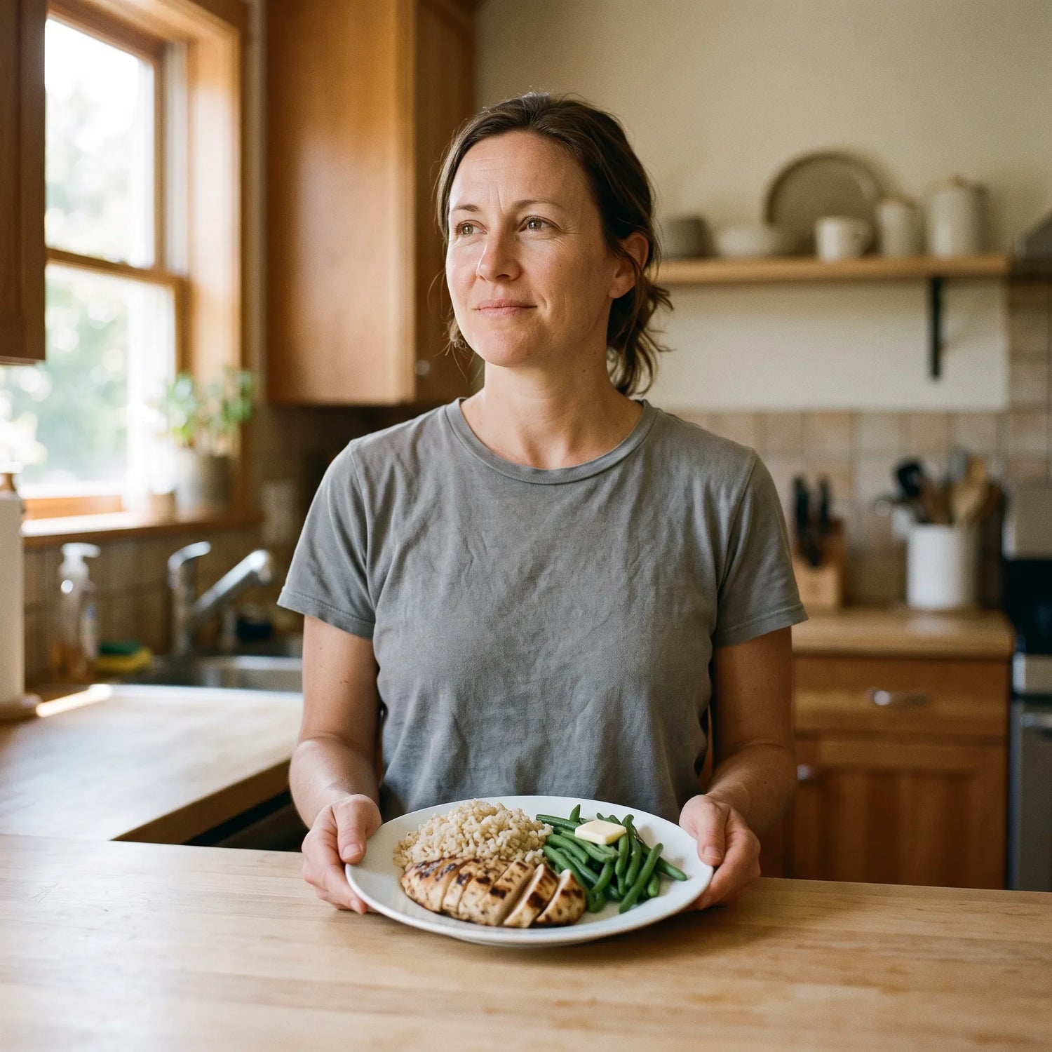 Woman holding a plate of grilled chicken, rice and green beans portioned for her daily protein target
