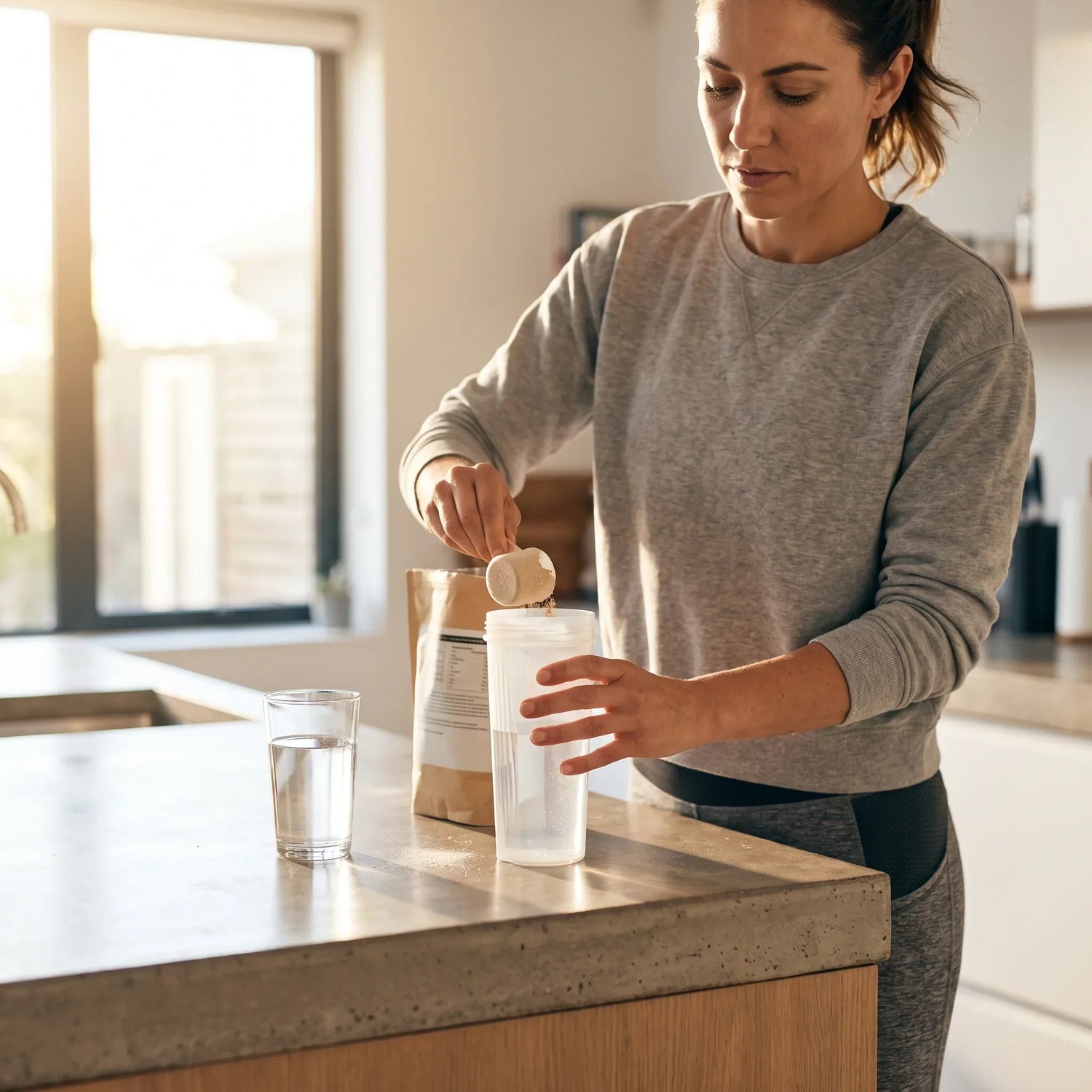 Woman scooping protein powder into a shaker while making a weight loss shake in her kitchen