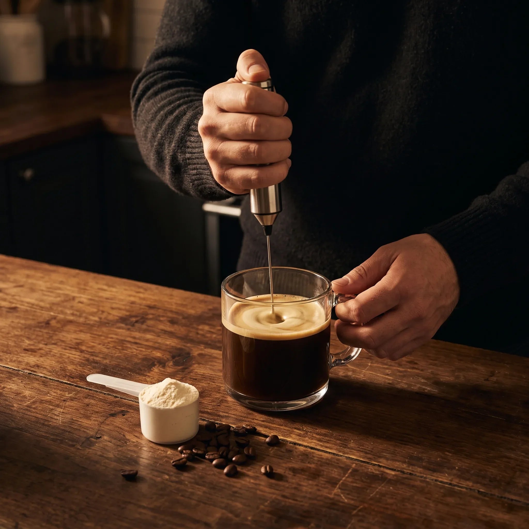 Hands frothing protein powder into a mug of hot coffee beside a heaped scoop of powder
