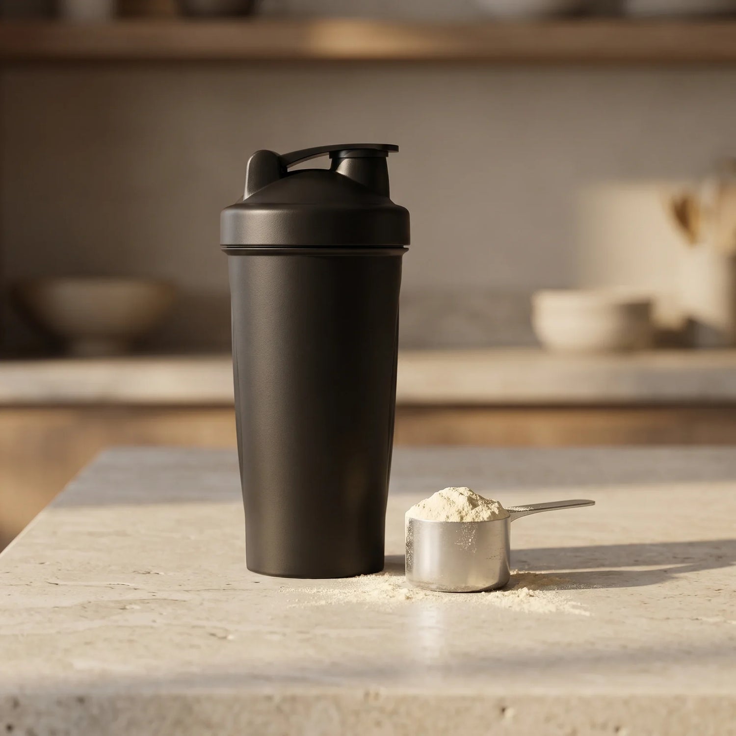 Black shaker bottle and a level scoop of protein powder on a kitchen counter