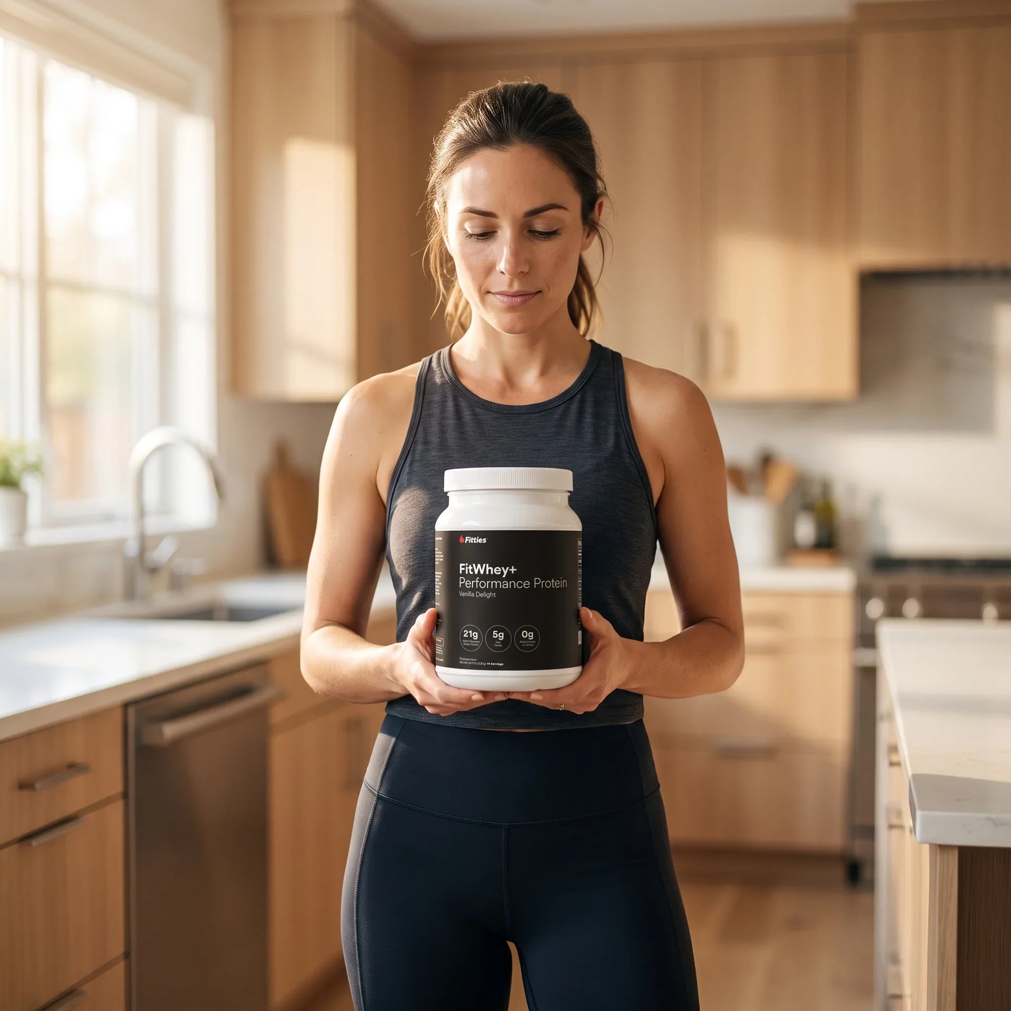 Woman in a kitchen holding a FitWhey+ protein powder tub and checking the label for artificial sweeteners