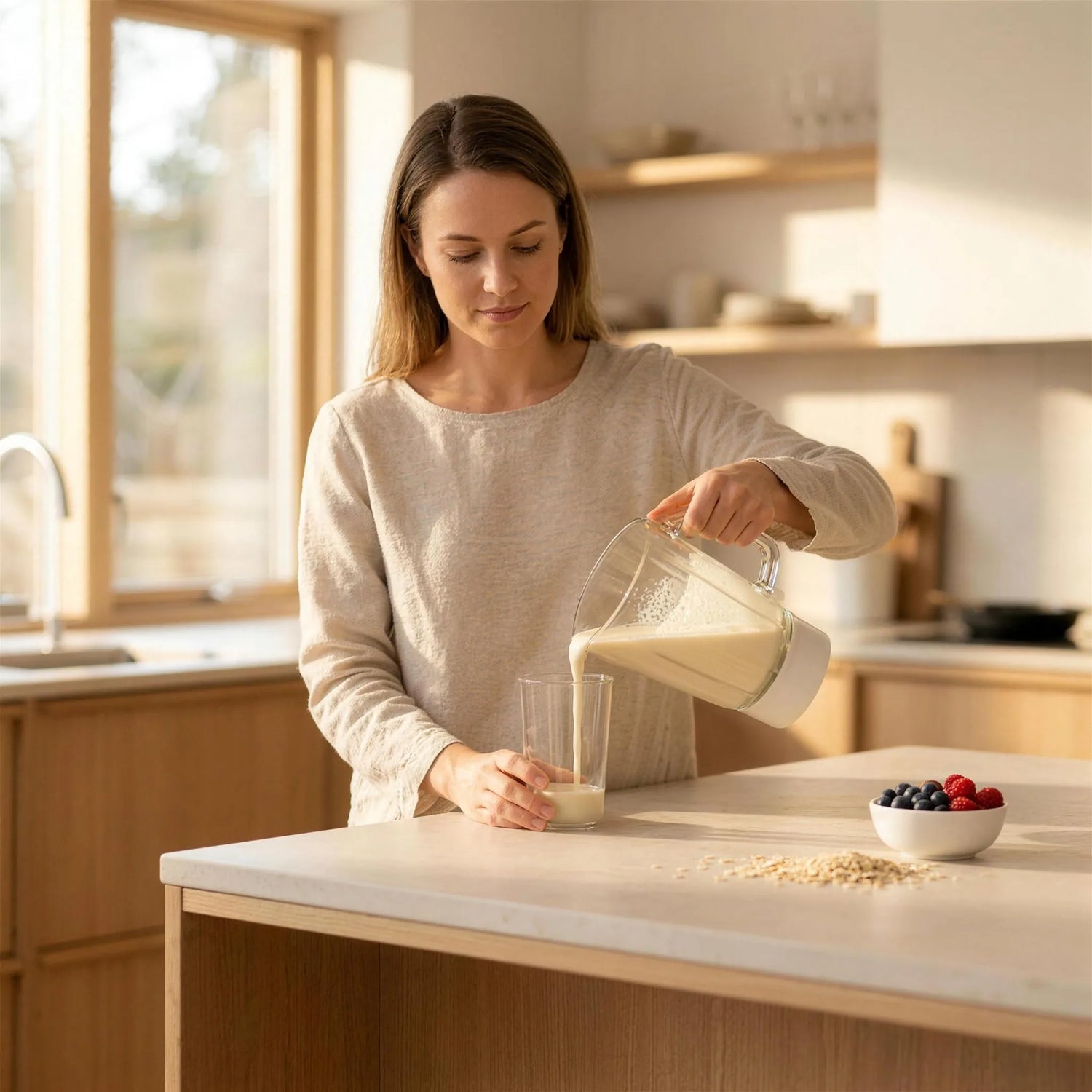 Woman in a bright kitchen pouring a protein shake for breakfast from a blender into a glass, with oats and berries on the counter