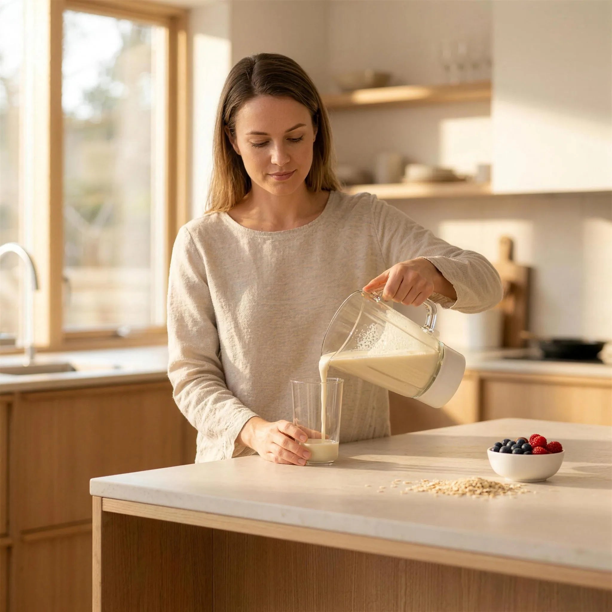 Woman in a bright kitchen pouring a protein shake for breakfast from a blender into a glass, with oats and berries on the counter