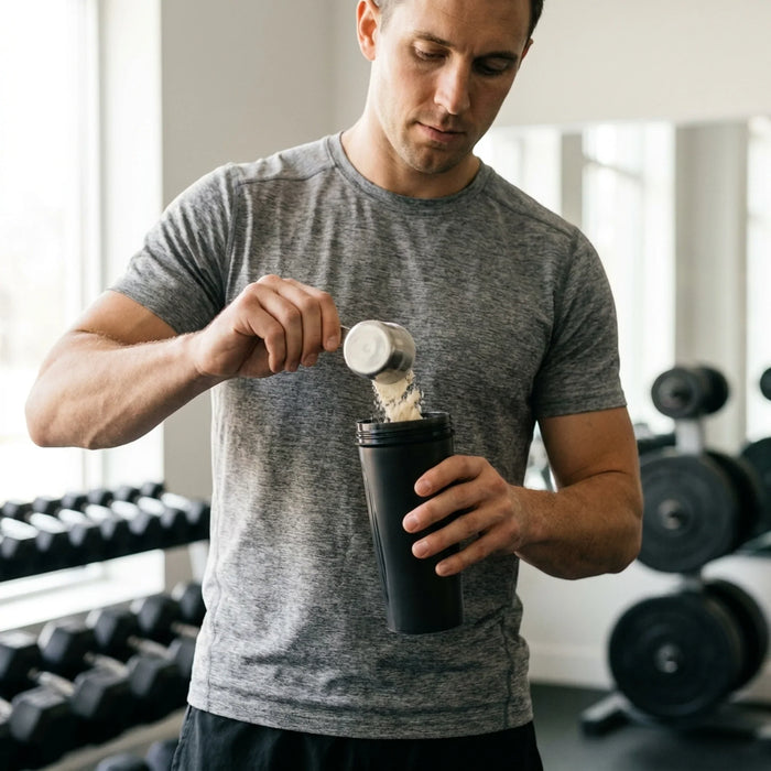 Man scooping vanilla protein powder into a shaker bottle in a gym before a workout