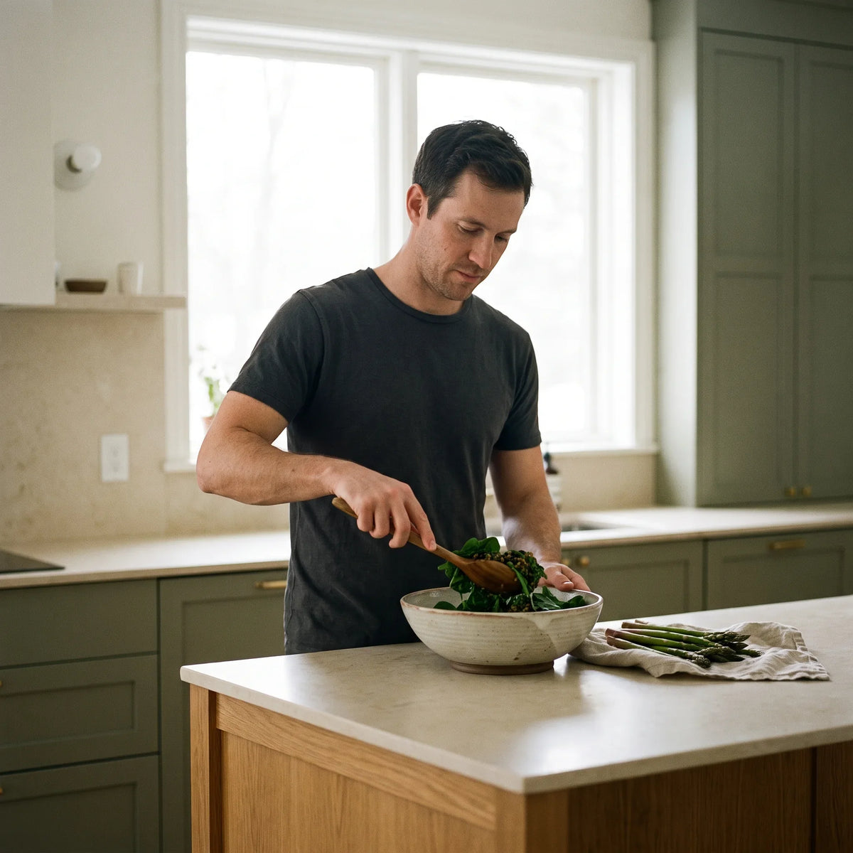 Man tossing spinach and lentils in a ceramic bowl in a bright kitchen