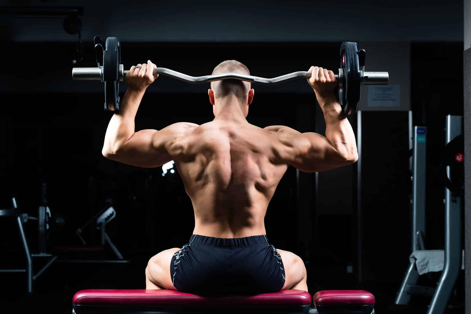 Back view of muscular male performing shoulder press in dimly lit gym