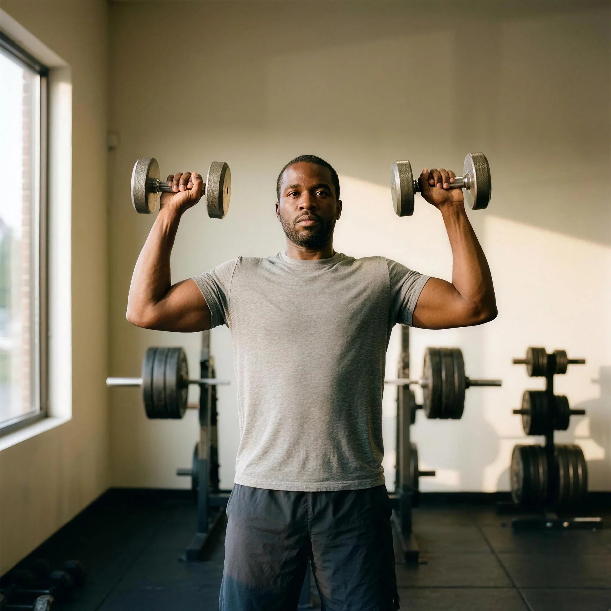 Man pressing dumbbells overhead in a gym, the resistance training that fixes a skinny fat body composition