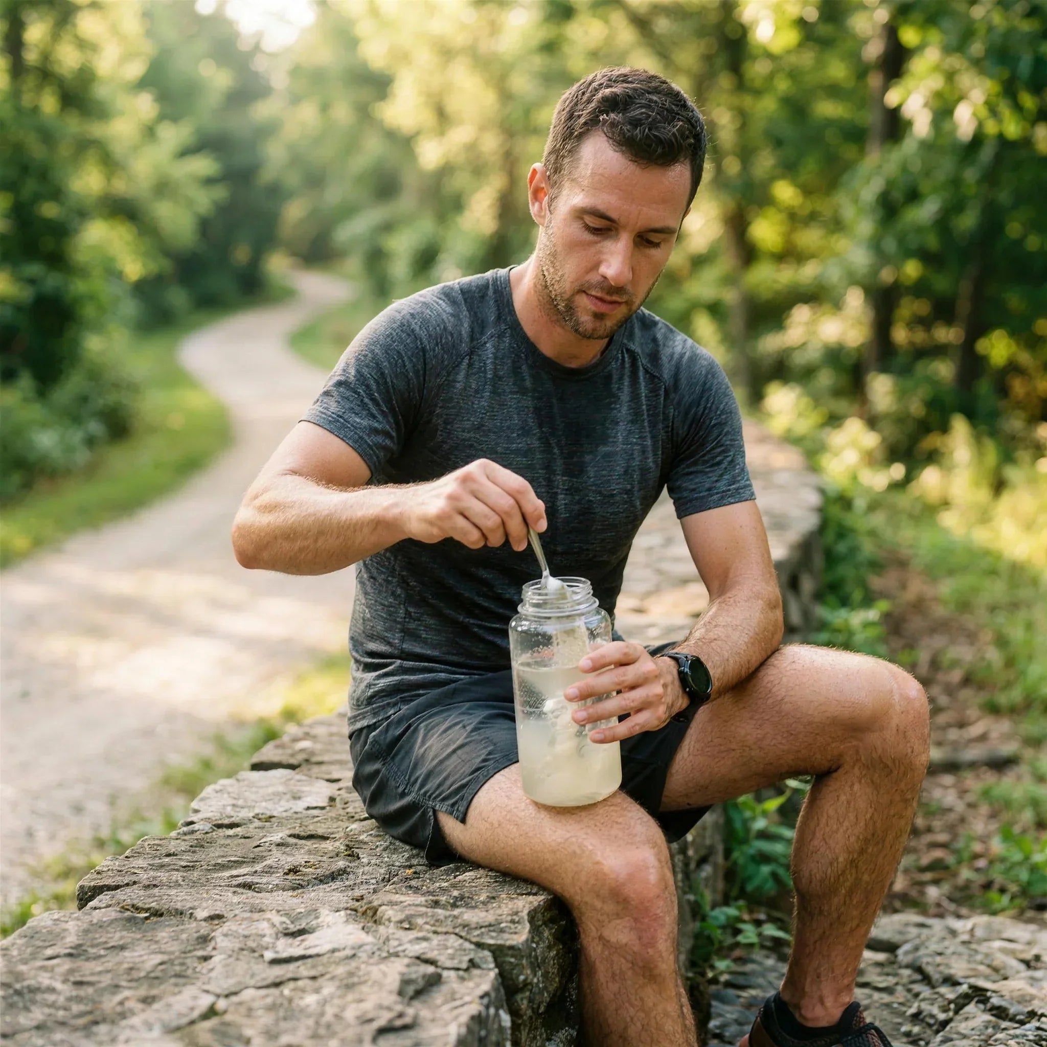 Runner mixing a sugar-free electrolyte powder into a water bottle beside a summer trail