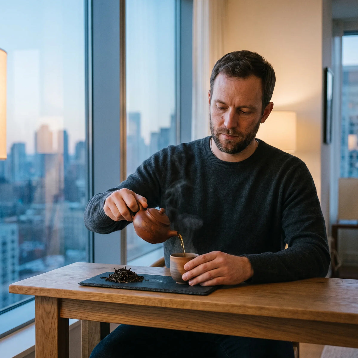 Man pouring dark loose-leaf tea into a cup by a window at dawn