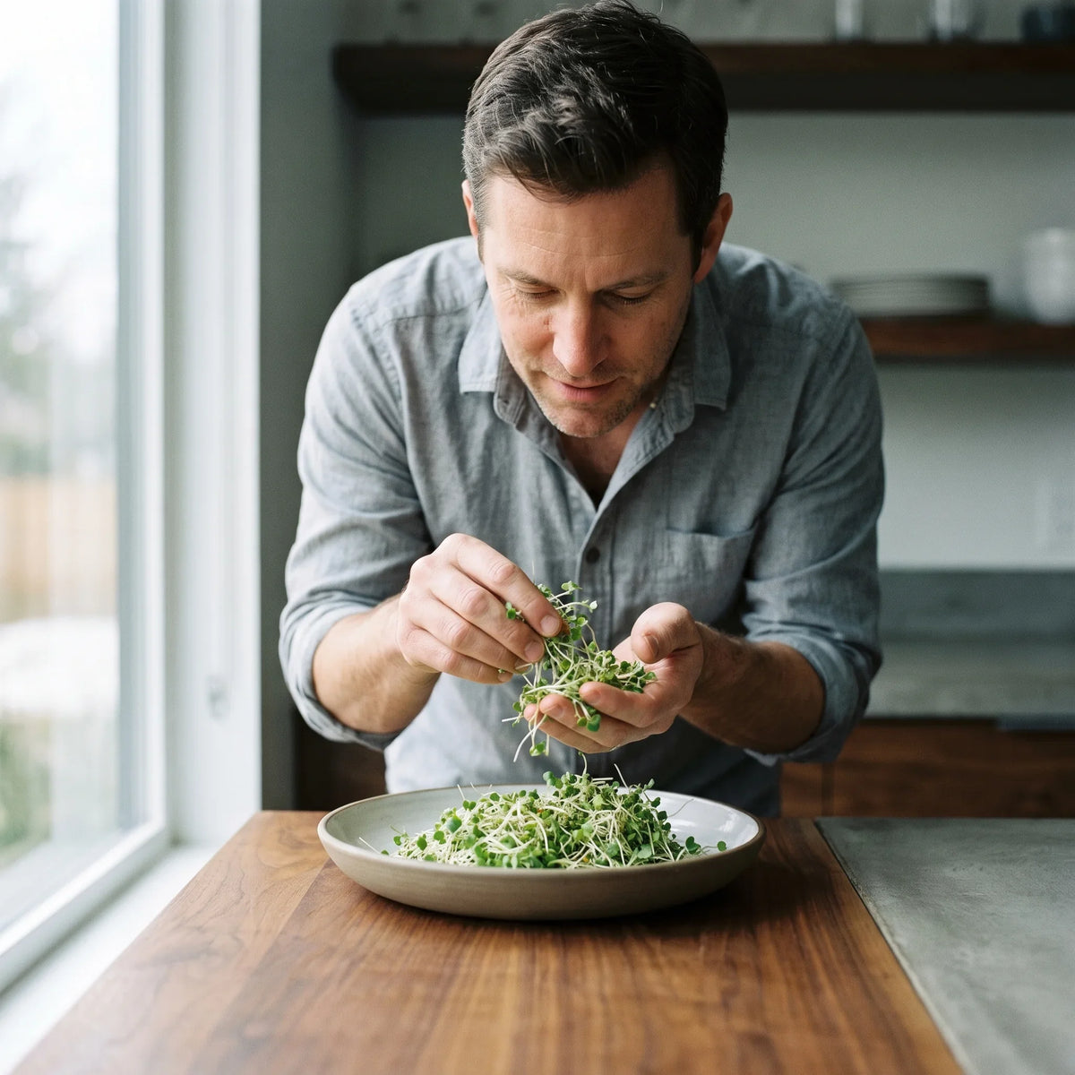 Man holding a handful of fresh broccoli sprouts in a kitchen