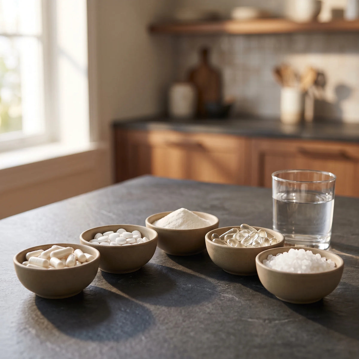 Small bowls of magnesium supplements as capsules, tablets, powder and crystals beside a glass of water on a dark kitchen counter