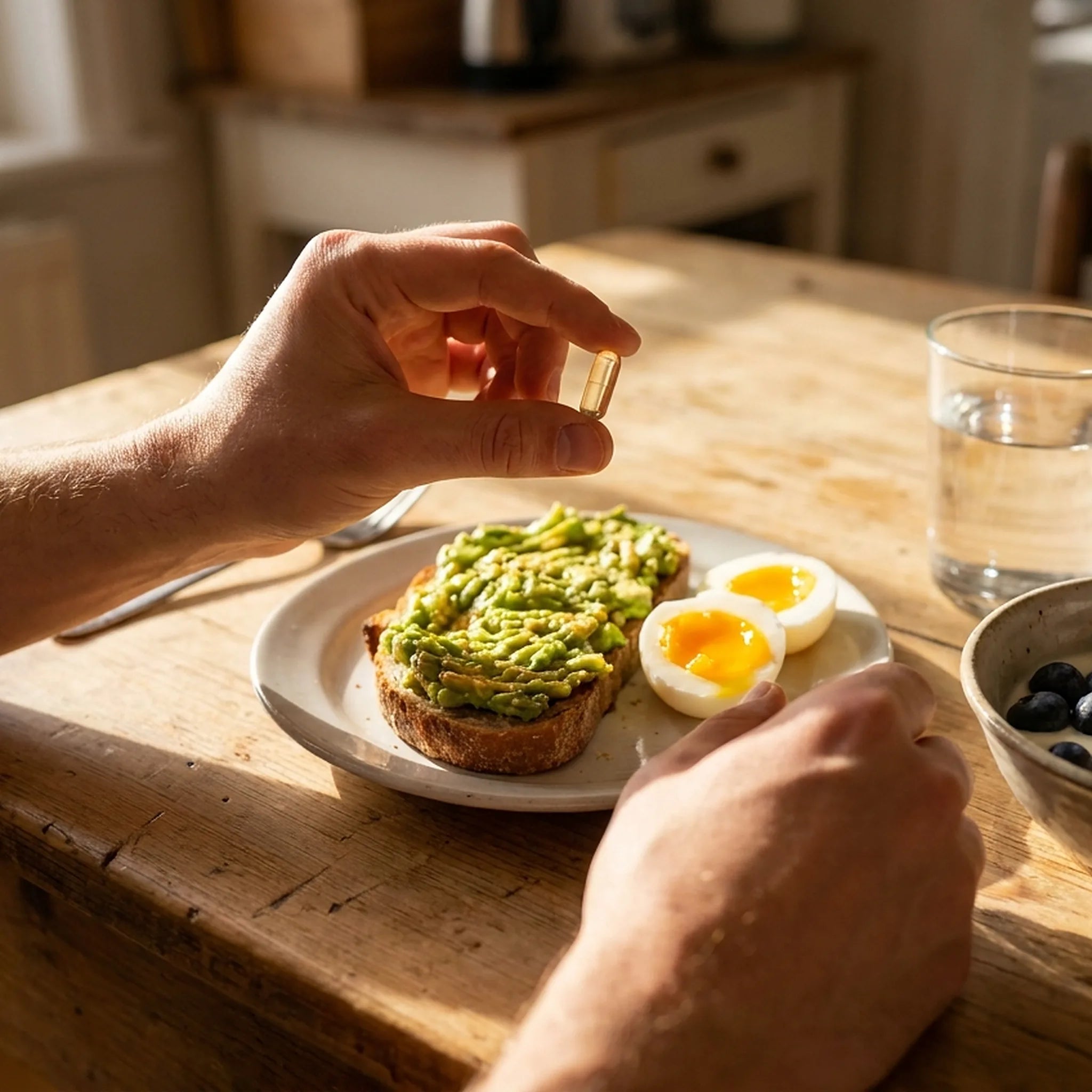 Hand taking a vitamin D capsule with a breakfast of avocado toast, eggs, and yogurt in the morning