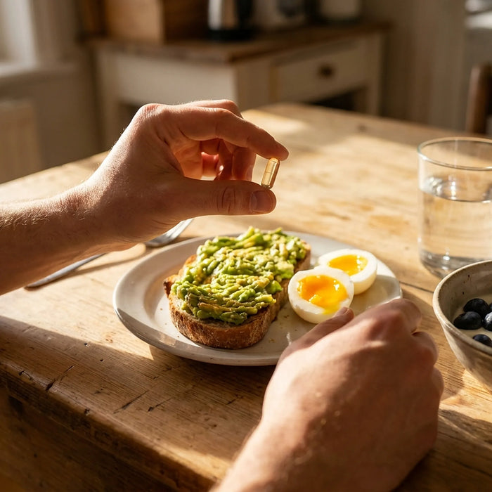 Hand taking a vitamin D capsule with a breakfast of avocado toast, eggs, and yogurt in the morning