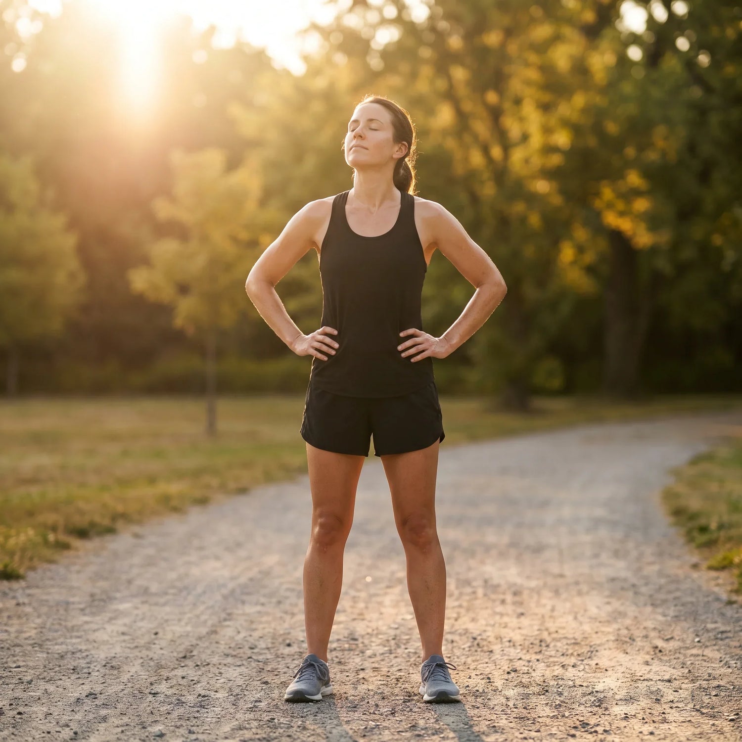 Runner standing in bright morning sunlight on a park path, face turned up to the sun, the main natural source of vitamin D3
