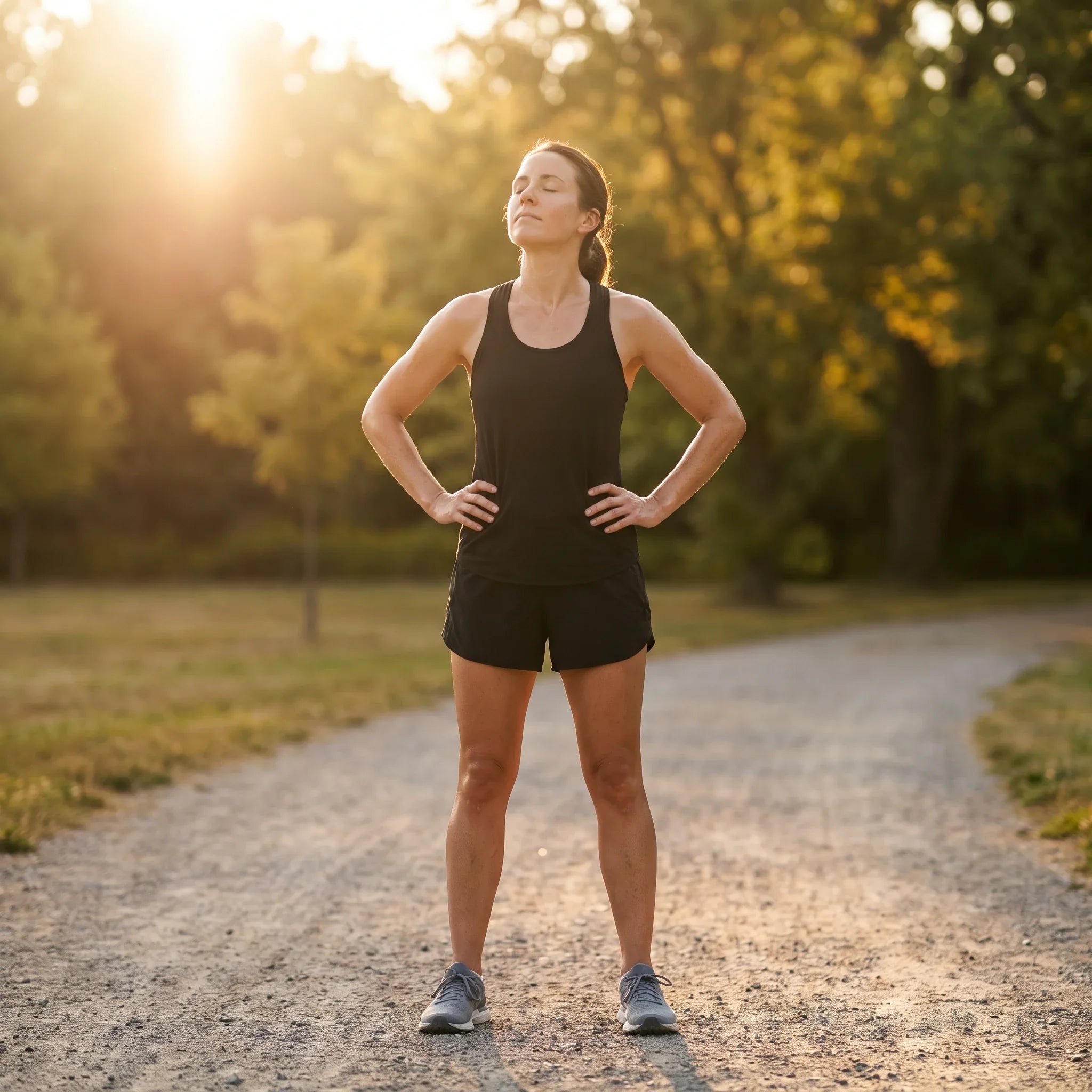 Runner standing in bright morning sunlight on a park path, face turned up to the sun, the main natural source of vitamin D3