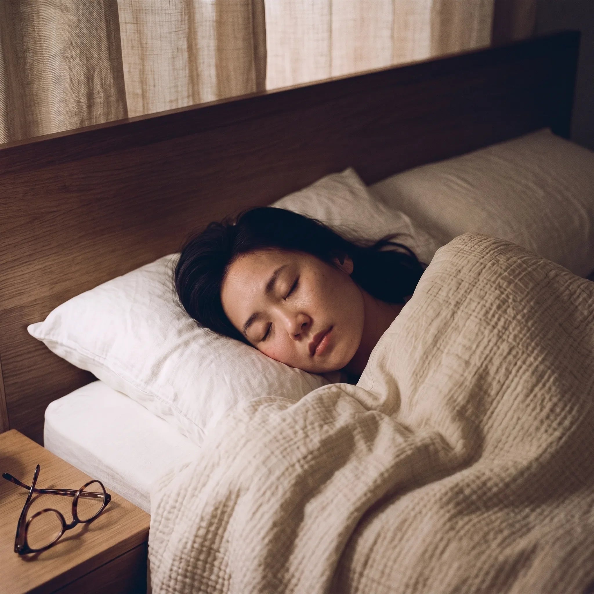 Woman sleeping peacefully in bed with reading glasses set aside on the nightstand in soft low light