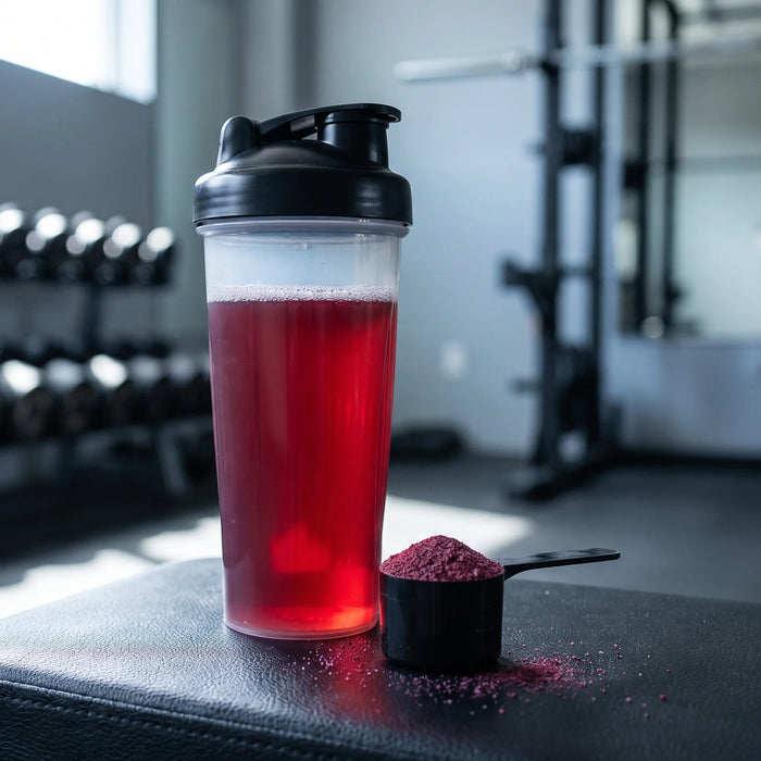 Lidded shaker bottle of mixed berry pre-workout and a scoop of pre-workout powder on a gym bench