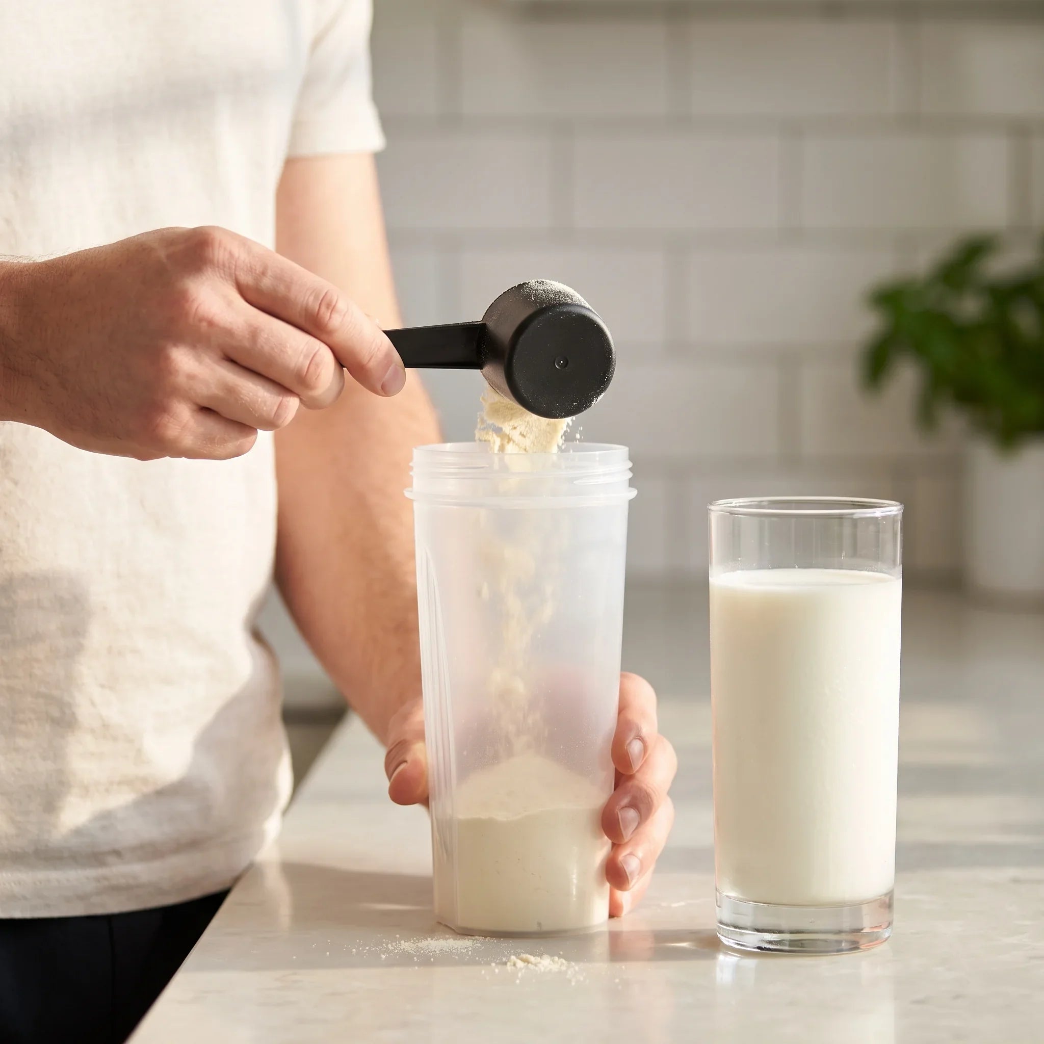 Hand adding a scoop of protein powder to a shaker beside a glass of milk on a kitchen counter