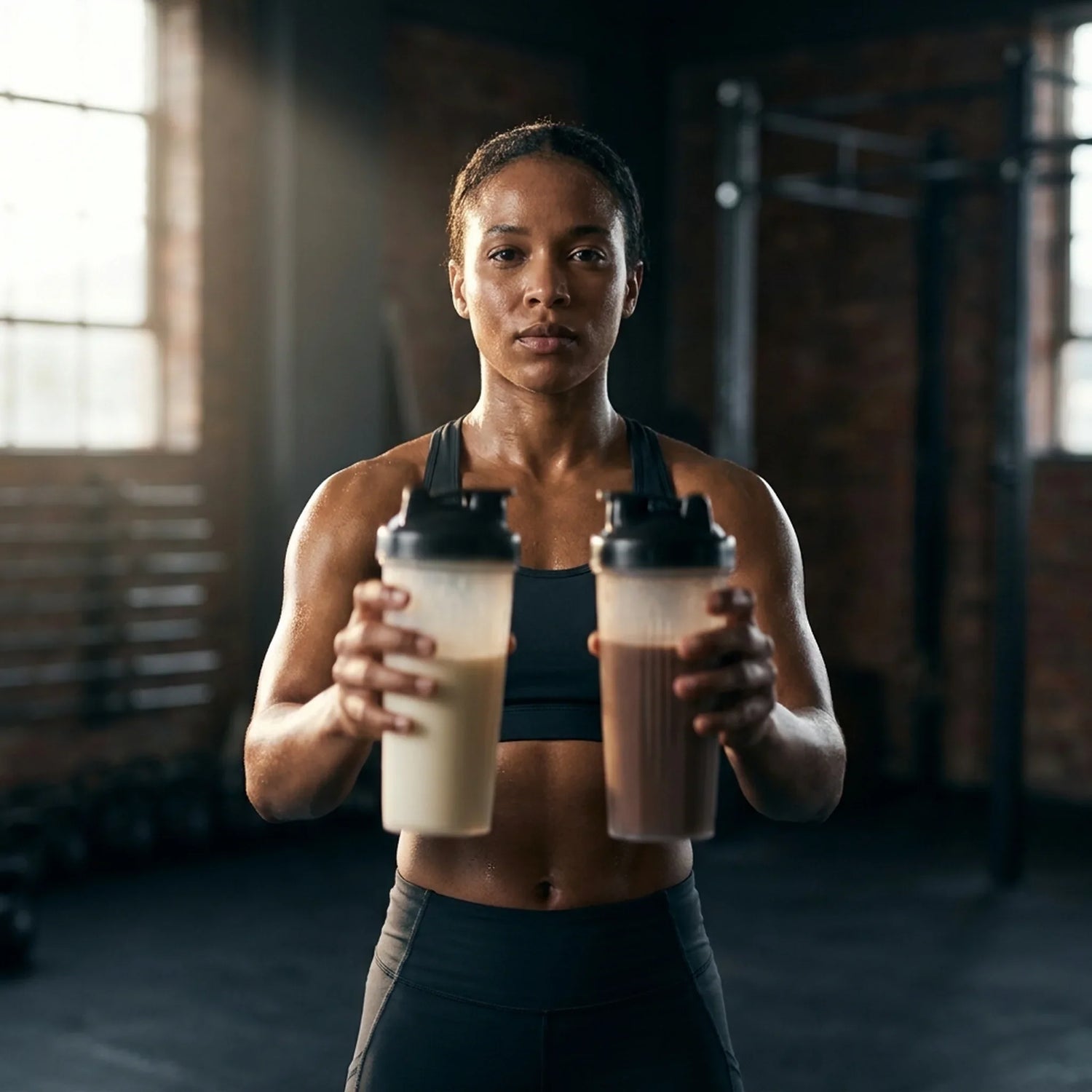 Athlete holding a vanilla protein shake and a chocolate protein shake side by side for a whey versus casein comparison