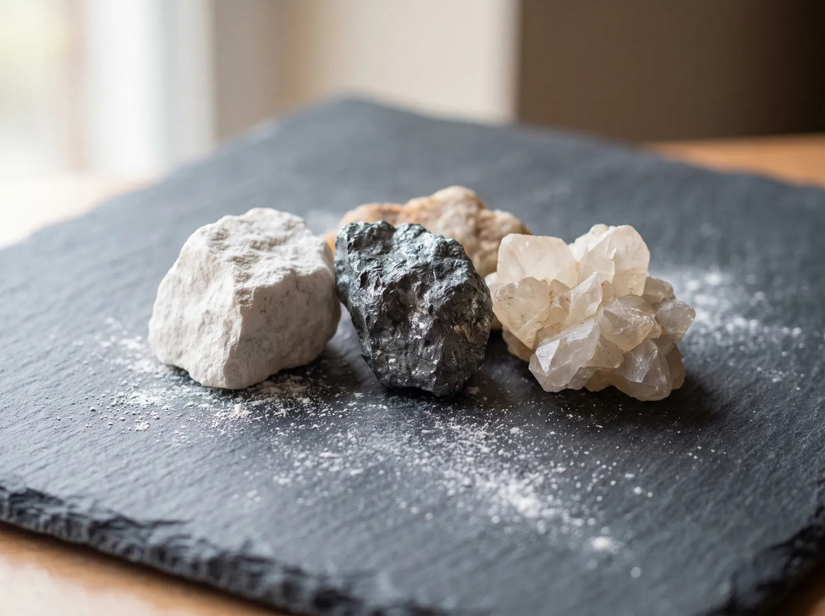 Raw mineral stones, dolomite, zinc ore and calcite, on a slate board