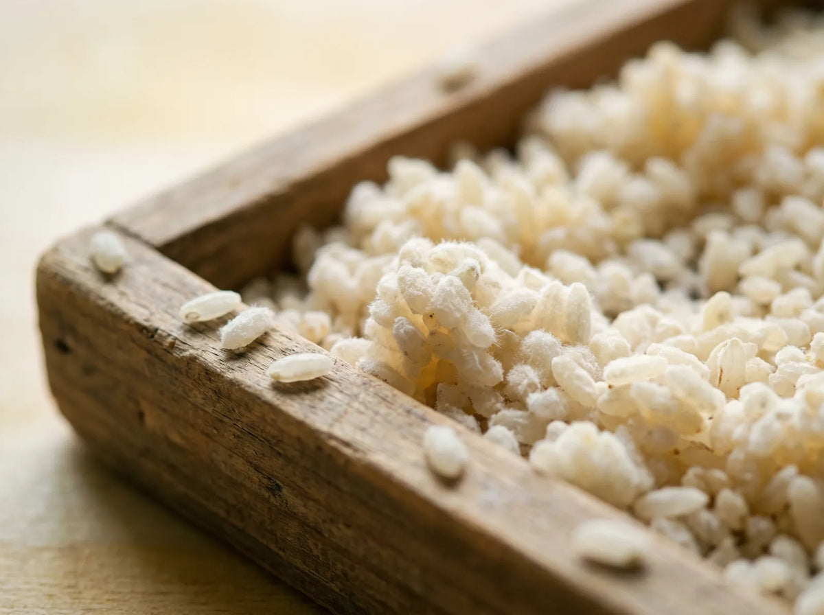 Koji rice grains grown with Aspergillus mold on a wooden tray