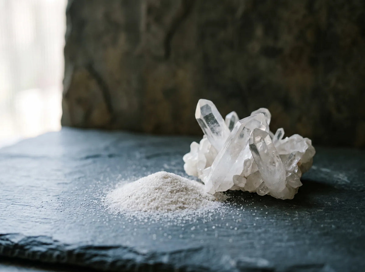 Clear quartz crystals and fine silica sand on a slate board