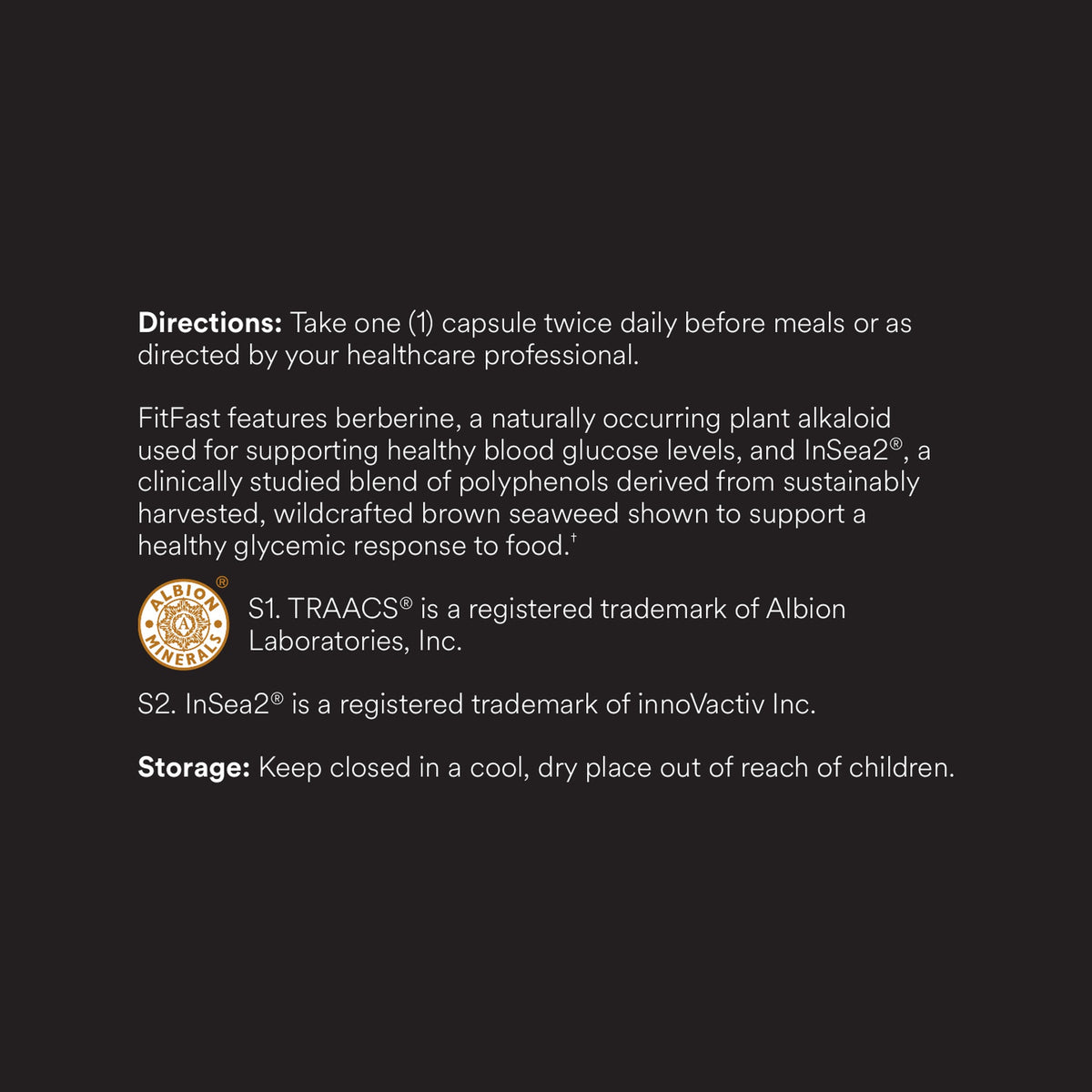 FitFast label, directions, description, trademark notes and storage