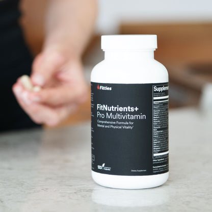 Closeup of bottle of Fitties FitNutrients+ on kitchen counter