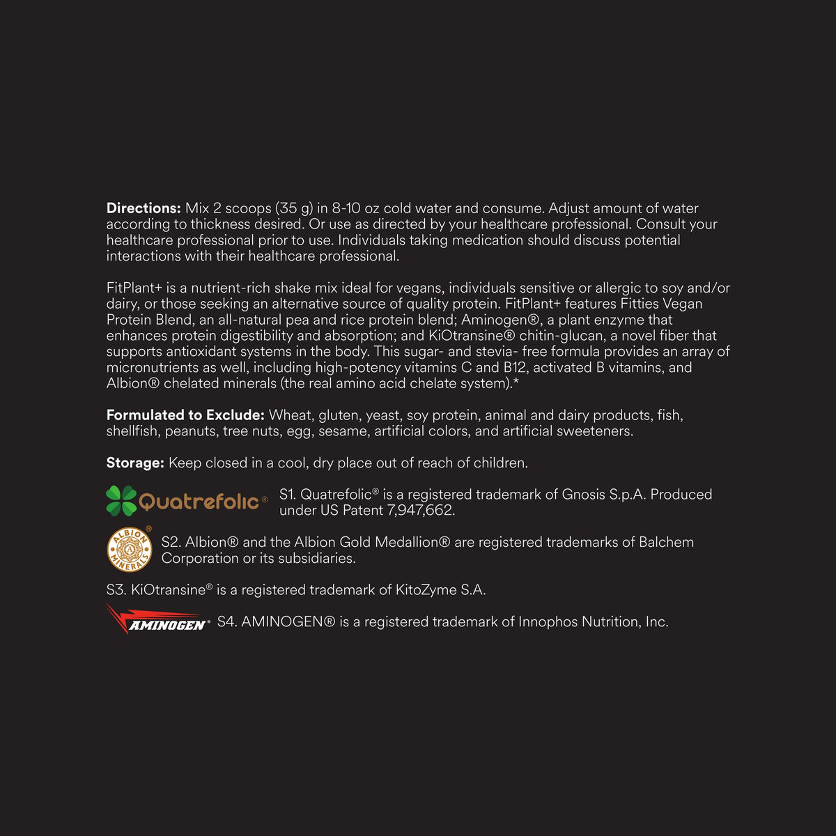 FitPlant+ Chocolate plant protein label, directions, description and storage