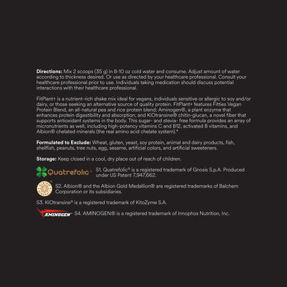 FitPlant+ Chocolate plant protein label, directions, description and storage
