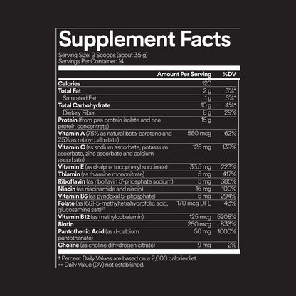 FitPlant+ Chocolate plant protein label, Supplement Facts panel, left half