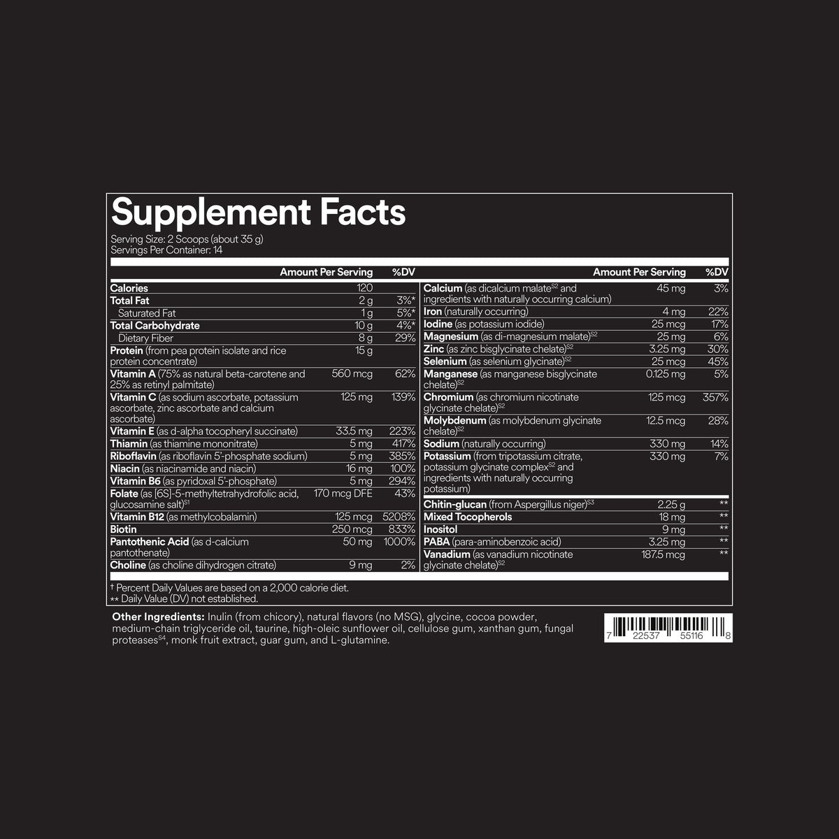 FitPlant+ Chocolate plant protein label, Supplement Facts panel and other ingredients